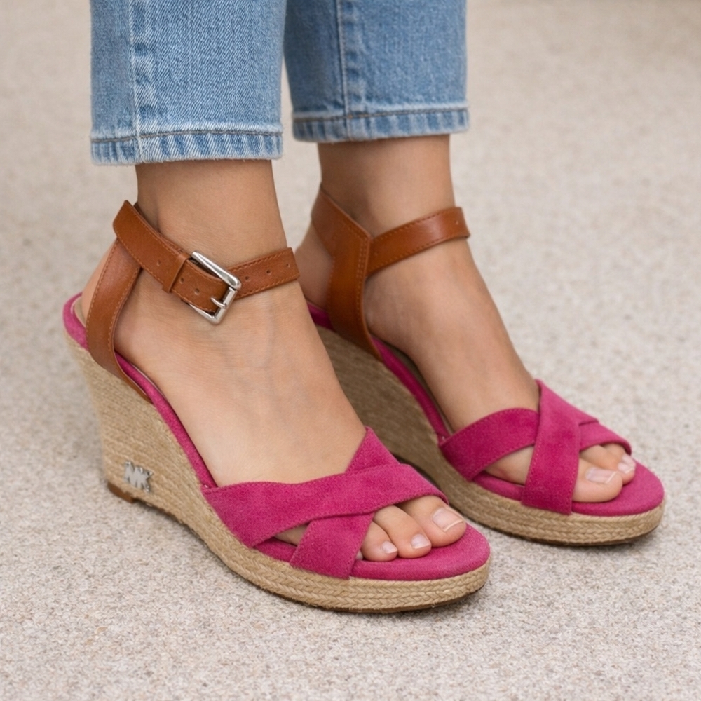 Michael Kors Fuchsia Suede & Tan Leather Espadrille Wedge Sandals Strappy Summer